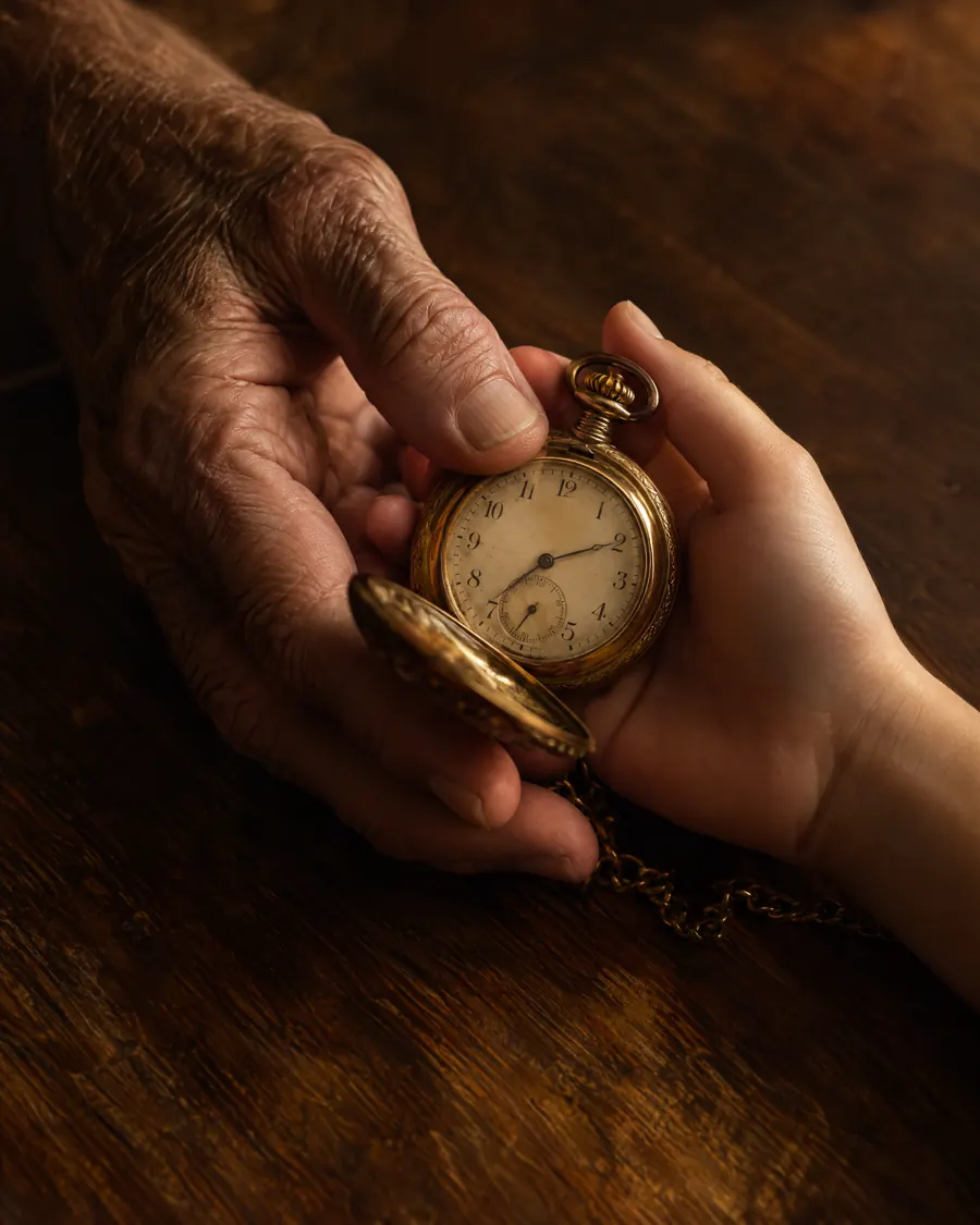 An older hand passing a gold pocket watch to a younger hand